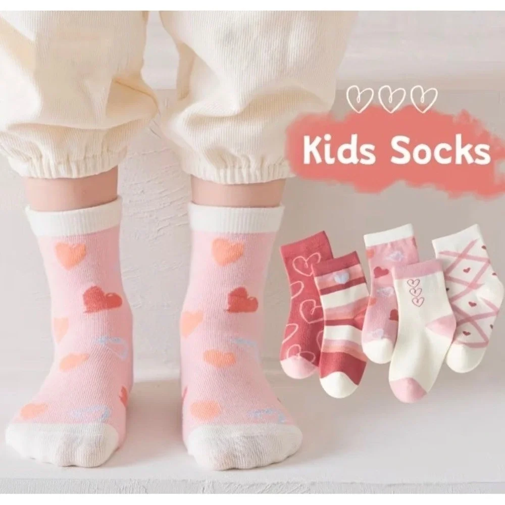 Girls Polychrome Heart Spring Whimsical Socks 4-6 Pink Casual Pastel 5 Pairs